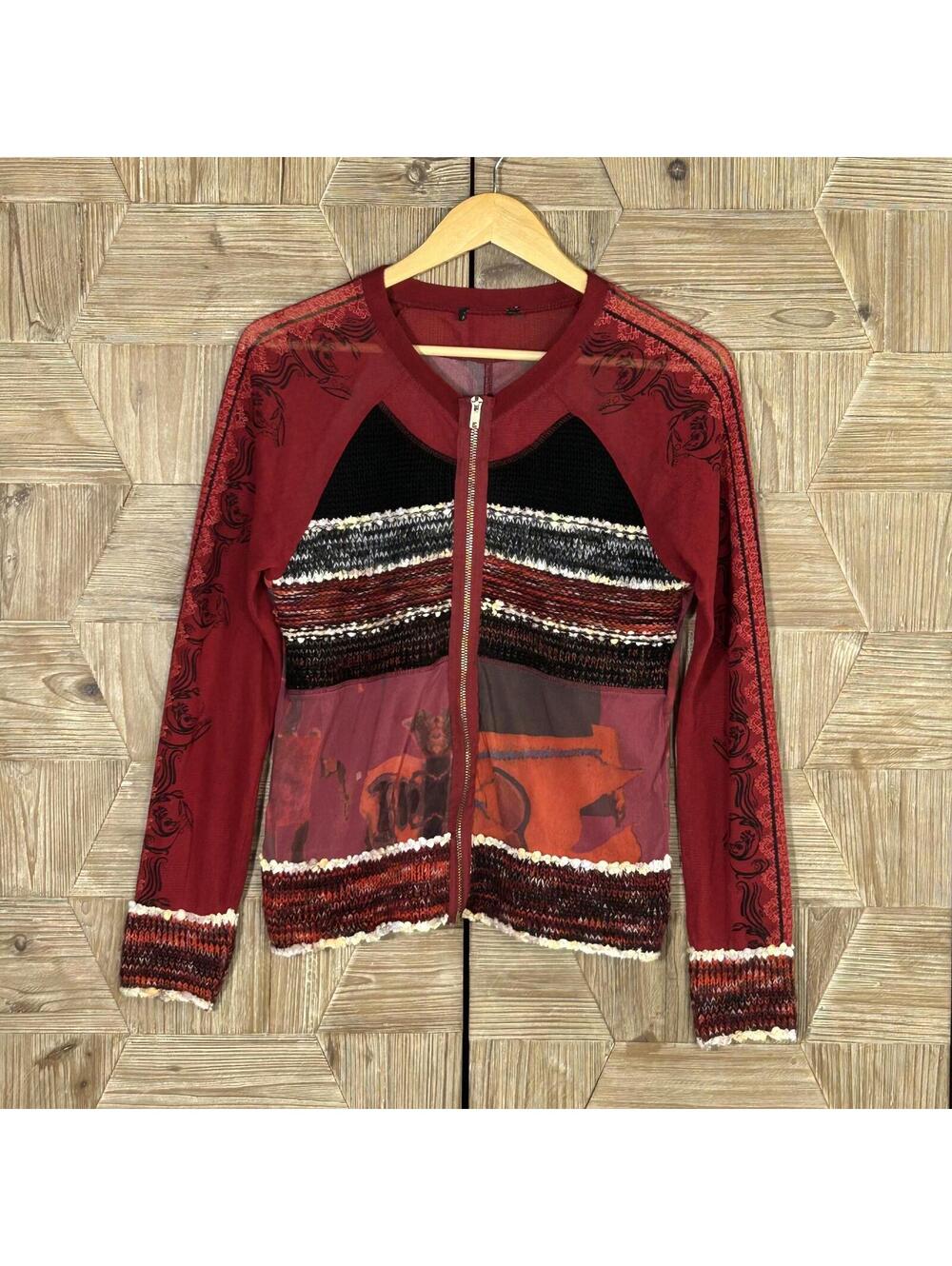 Vintage Y2K Lulu H Paris Women's Sheer Knit Front Zip Top Burgundy Large Grunge